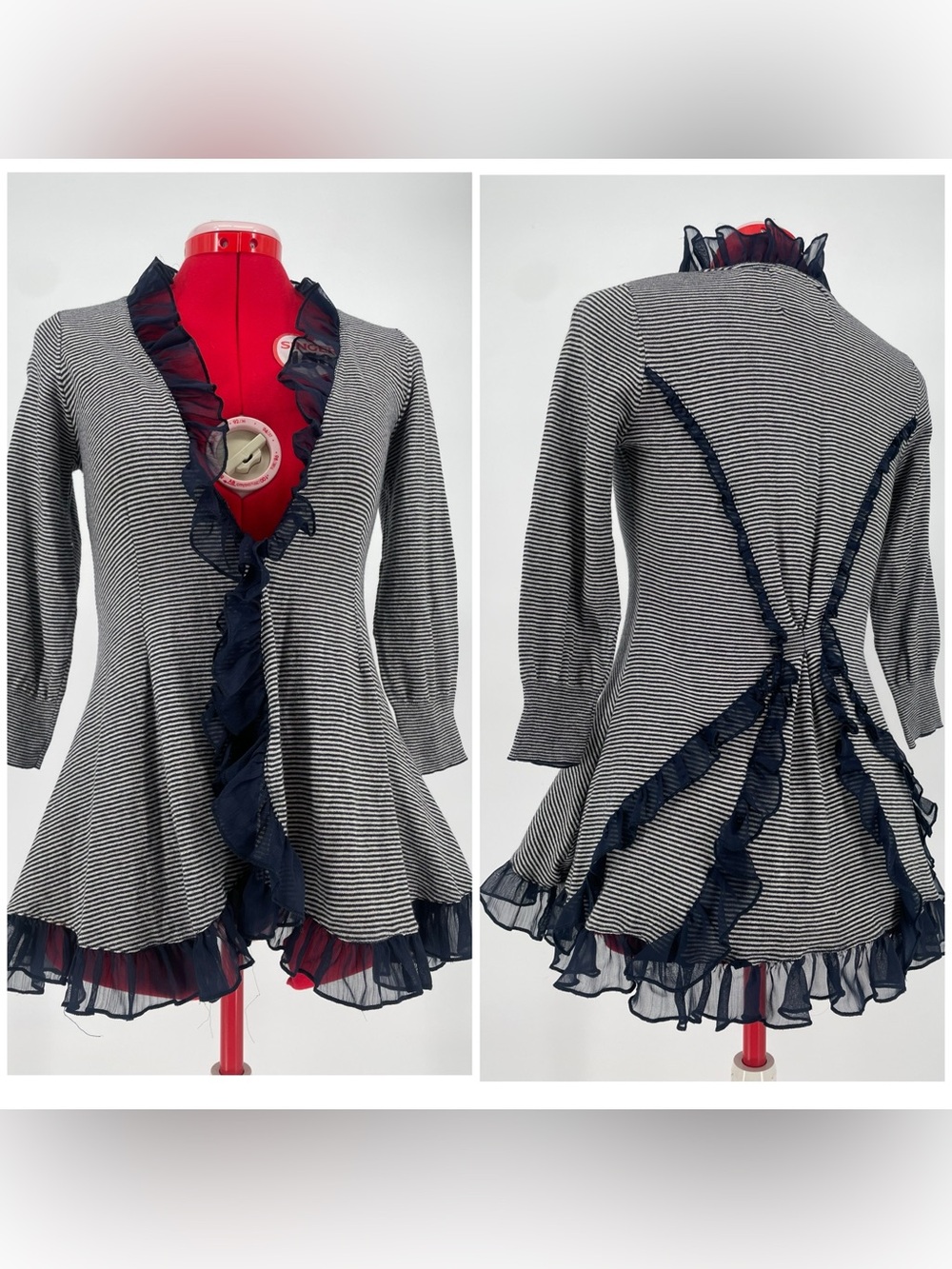 Anthropologie Guinevere Navy White Striped Flounce Ruffle Trim Seamed Cardigan